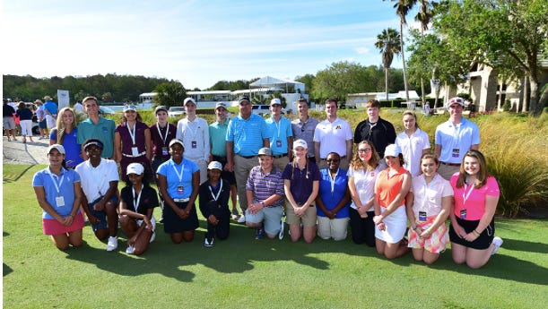 PGA Tour Champions pro Kenny Perry, center, poses with members of the Golf to Paradise-The First Tee Champions Challenge after a putting clinic at TwinEagles in 2017. The Champions Challenge returns as part of the Chubb Classic again and will be played at Quail Creek Country Club. There will be a clinic for the 24 participants Thursday.