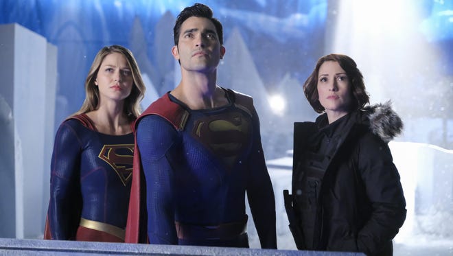 Tyler Hoechlin, center, will play the Man of Steel in "Superman & Lois," a new CW drama that will launch in January. He's seen here with in an episode of "Supergirl" with Melissa Benoist, left, and Chyler Leigh.