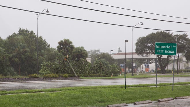 Downed power lines, felled trees, branches, and other debris litter Naples, Fla. and Bonita Springs, Fla. as Southwest Florida prepares for Hurricane Irma to make landfall midday Sunday, September 10, 2017.