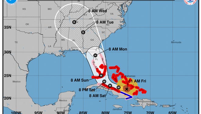 Forecast cone as of 11 a.m. Friday, Sept. 8, 2017 for Hurricane Irma.