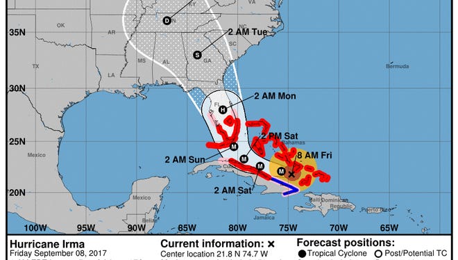Forecast cone for Hurricane Irma as of 8 a.m. on Friday, Sept. 8, 2017.