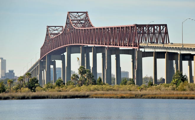 Official name: John E. Mathews Bridge Type: Cantilever steel truss Date opened: April 15, 1953 Photo taken December 2014. Source: Florida Department of Transportation.