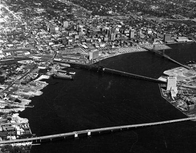 This photo from the mid-1960s is a view of Downtown Jacksonville with the old Fuller Warren Bridge at bottom, the old Elmo W. Acosta Bridge at middle and the Main Street Bridge (John T. Alsop Jr. Bridge) at top. Here are some more historic photos and details about all seven bridges.