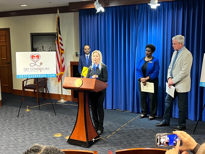 Mayor Donna Deegan (center) held a press conference on Nov. 2 to announce a new city marketing campaign, Get Connected Jax. She was joined by Sunil Joshi (left), Lynn Sherman (right) and Michael Boylan (far right).
