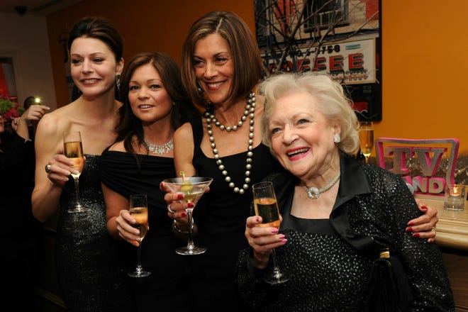 (L-R) Actors Jane Leeves, Valerie Bertinelli, Wendie Malick, and Betty White attend the "Hot in Cleveland" premiere at the Crosby Street Hotel on June 14, 2010, in New York City.