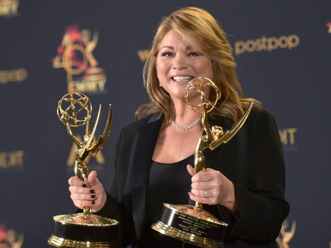Valerie Bertinelli poses in the press room with the awards for outstanding culinary program and outstanding culinary host for "Valerie's Home Cooking" at the 46th annual Daytime Emmy Awards at the Pasadena Civic Center on Sunday, May 5, 2019, in Pasadena, Calif.