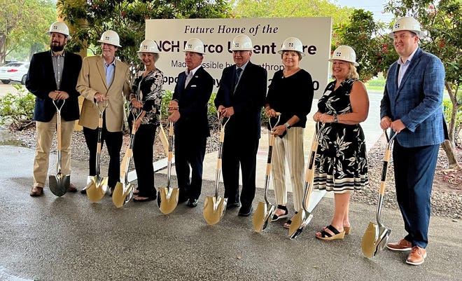 Marco Island City Council Chairman Jared Grifoni, donors Pat and Scot Kaufman, NCH CEO Paul Hiltz, donors Steve and Barbara Slaggie, Marco Urgent Care Board Chairwoman Dianna Dohm and NCH COO Jon Kling at a ceremonial groundbreaking of a new $18 million urgent care center on Marco Island on March 22, 2024.