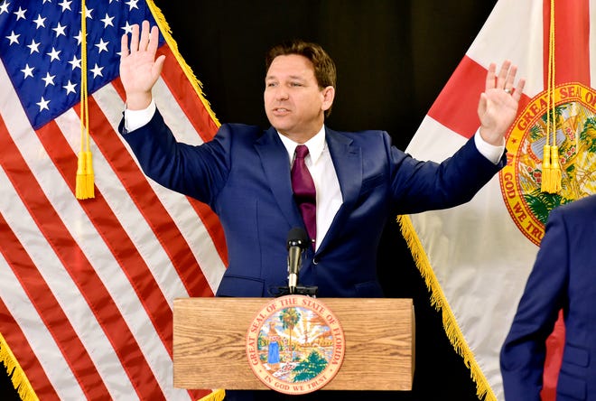 Governor Ron DeSantis waves to the audience after wrapping up his bill signing press conference at Cornerstone Classical Academy Monday morning. Florida Governor Ron DeSantis was at the Cornerstone Classical Academy in Jacksonville, FL Monday, March 25, 2024, along with local and state leaders to sign into law Florida House Bill 3 which bans Floridians younger than 16 from "addictive" social media platforms but with exceptions for those who are 14 or 15 and get parental permission.