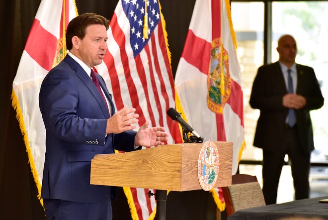 Governor Ron DeSantis addresses the audience ahead of his bill signing at Cornerstone Classical Academy Monday morning. Florida Governor Ron DeSantis was at the Cornerstone Classical Academy in Jacksonville, FL Monday, March 25, 2024, along with local and state leaders to sign into law Florida House Bill 3 which bans Floridians younger than 16 from "addictive" social media platforms but with exceptions for those who are 14 or 15 and get parental permission.
