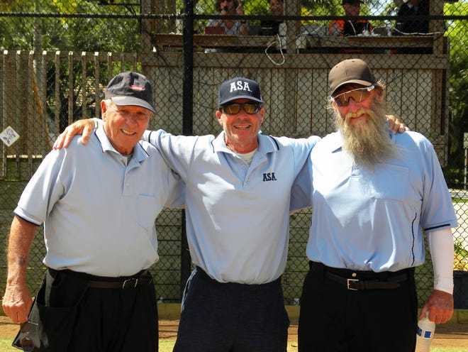 Three members of the many fine umpires that work the softball games – from left, John DeRosa, Bruce Winer and Dan Marinelli.