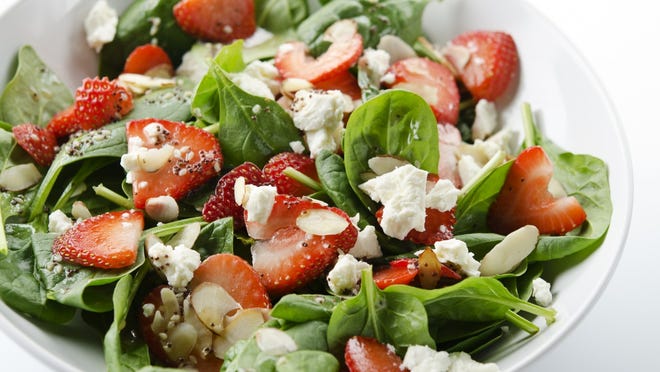 Strawberry goat cheese salad (directions) • Total time: 15 minutes Put the arugula in a serving dish and top with strawberries, goat cheese, pecans, and onions. Mix the balsamic vinegar with the olive oil and salt. Toss with the dressing when ready to serve.