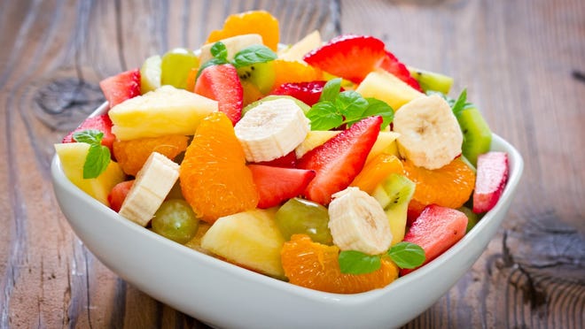 Honey mint fruit salad (directions) • Total time: 30 minutes Combine chopped fresh stone fruit (including any of the following: peaches, cherries, plums, nectarines, apricots or mangoes,) with melon cubes (including watermelon or honeydew melon), and berries (including blueberries, strawberries, or raspberries). Add orange juice, mint leaves, and honey. Gently toss together and serve.