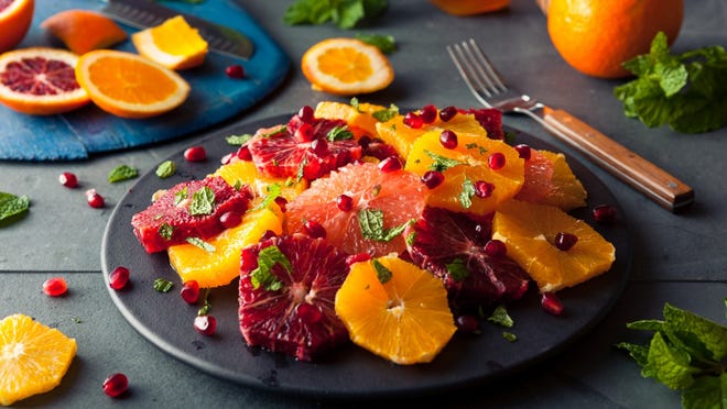 Citrus and radish salad (directions) • Total time: 20 minutes To make the dressing, combine the oil, orange juice, honey, vinegar, and mustard in a small jar and shake to mix. Carefully cut off the peel from the oranges and grapefruits to remove the pith, then slice into thin rounds. Layer the orange and grapefruit slices on a plate with the radishes. Drizzle with dressing and top with the basil or mint leaves.
