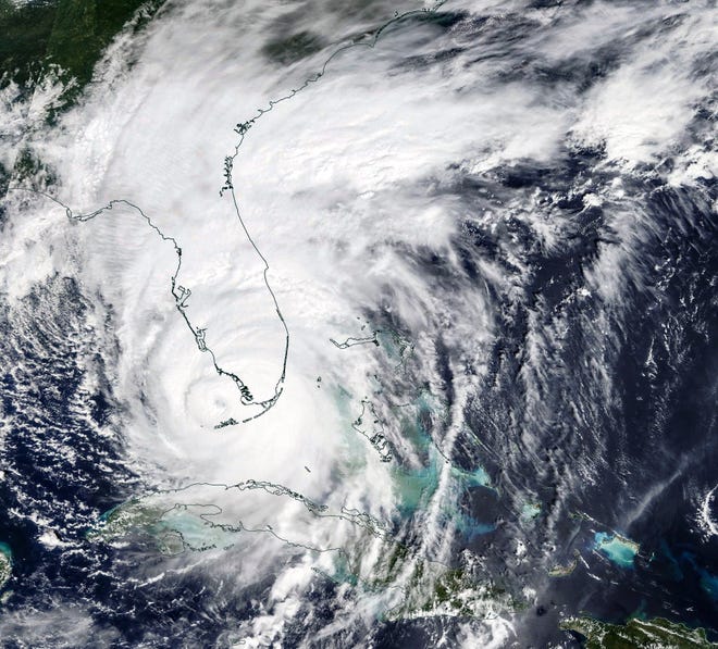 A NASA satellite image taken Sept. 10, 2017, shows Hurricane Irma about to make landfall in Southwest Florida.