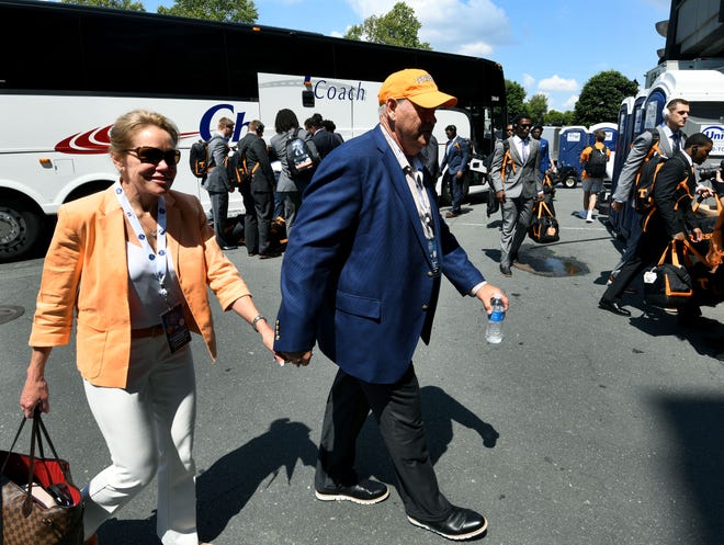 Tennessee AD Philip Fulmer and his wife Vicki arrive for the game against the West Virginia Mountaineers in the Belk College Kickoff game in Charlotte, NC Saturday, September 1, 2018.