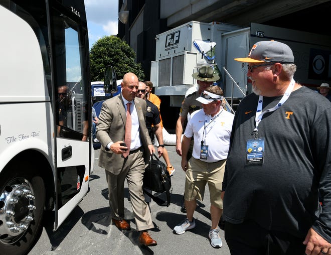 Tennessee Head Coach Jeremy Pruitt arrives for their before the game against the West Virginia Mountaineers in the Belk College Kickoff game in Charlotte, NC Saturday, September 1, 2018.