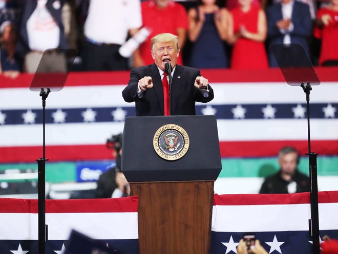President Donald Trump spoke to a packed house during a Make America Great Again rally at Hertz Arena in Estero, Florida on Wednesday 10/31/2018. Republican gubernatorial candidate Ron DeSantis and Governor and U.S. Senator candidate Rick Scott joined him on stage.