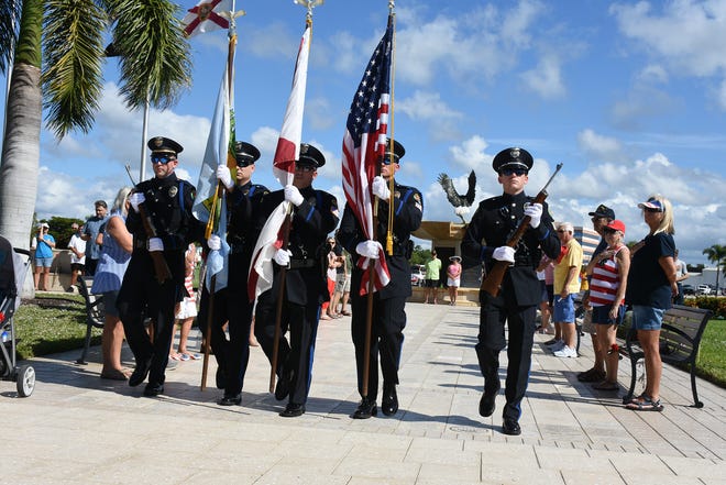 The MIPD honor guard troops the colors. Marco Island honored veterans, in particular female veterans, in Veterans Community Park for Veterans Day, at 11 a.m. Monday, Nov. 12.