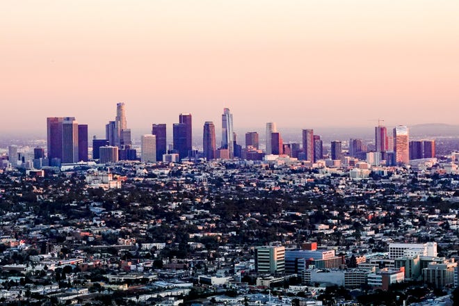 The Los Angeles skyline, as seen from a deck at the Griffith Observatory.