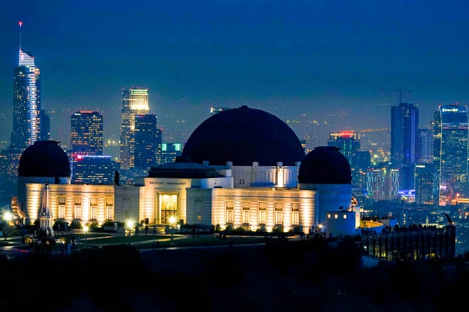 The observatory by night, just after sunset, as seen from down the way on a hike, with a 600 mm lens.