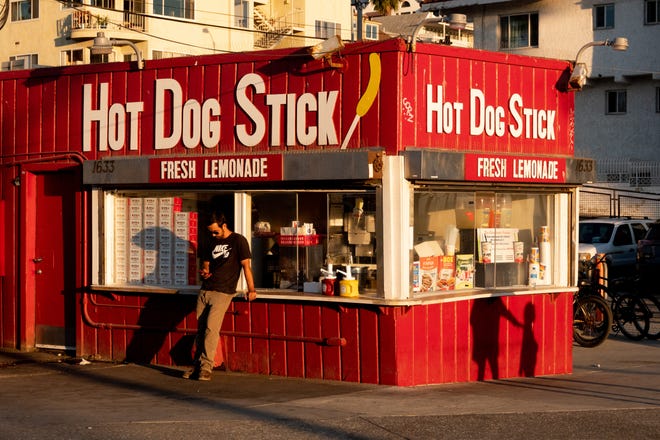 The Hot Dog Stick stand in Santa Monica. Notice no " on a " here.