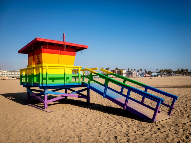 A multi-color lifeguard station in Venice Beach.