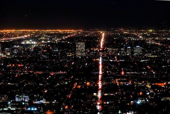 This shot of the Los Angeles skyline shows the street to stay away from during rush hour - Western Avenue.