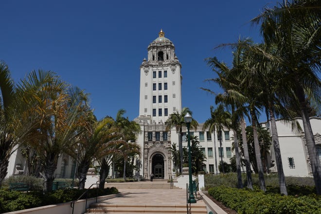 The Gothic Spanish revival Beverly Hills City Hall, completed in 1932, was designed by architect William Gage.