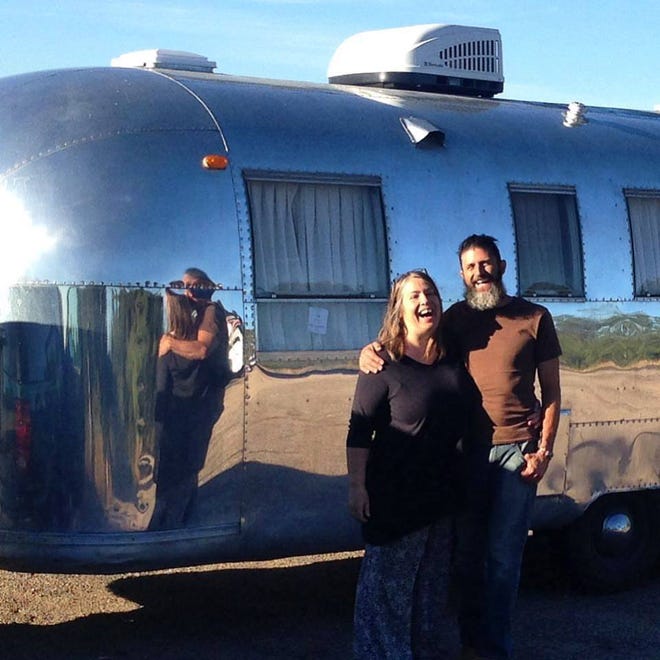 Elizabeth Jose (left) is a British artist living in Taos, New Mexico. She and her husband (right) renovated a 1966 Trade Wind Airstream trailer that they now travel in.