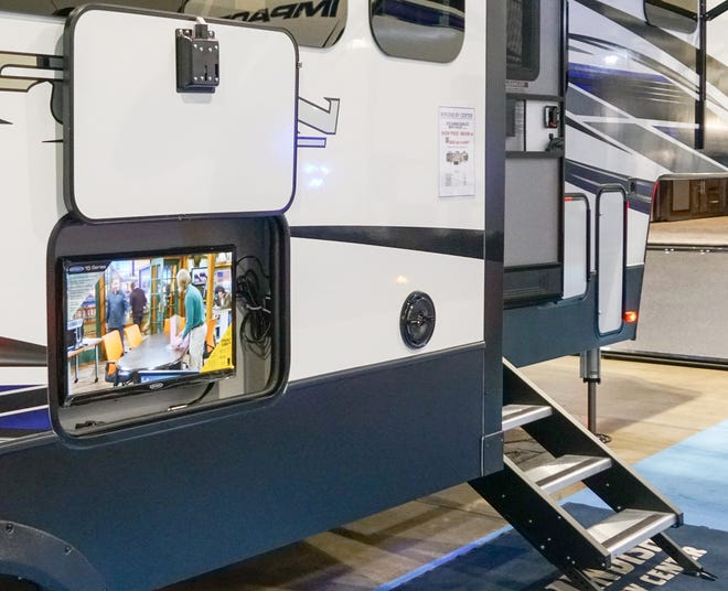 Many larger RV trailers now come designed to carry a TV that can be watched by people sitting outside.
