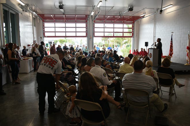 Fire Chief Mike Murphy addresses the audience inside the station. The Marco Island Fire-Rescue Department dedicated their newly reopened Fire Station 51 in a ceremony Friday afternoon.