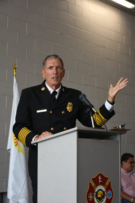 Fire Chief Mike Murphy addresses the audience inside the station. The Marco Island Fire-Rescue Department dedicated their newly reopened Fire Station 51 in a ceremony Friday afternoon.