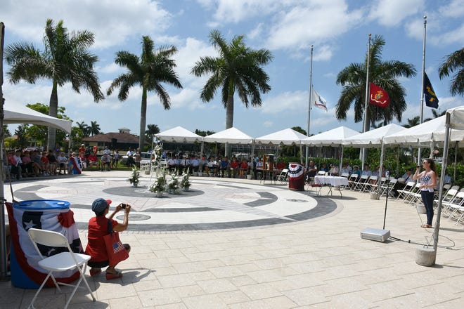 Mary Jo O'Regen sings "America the Beautiful." Marco Island commemorated Memorial Day on Monday morning with a ceremony at Veterans' CommunityPark, with a keynote address by American Legion Post #404 Commander Lee Rubenstein.