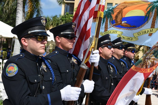 The MIPD honor guard. Marco Island commemorated Memorial Day on Monday morning with a ceremony at Veterans' CommunityPark, with a keynote address by American Legion Post #404 Commander Lee Rubenstein.