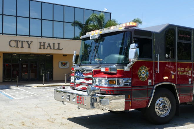 A Marco Island Fire and Rescue truck  is parked at City Hall on June 27, 2019.