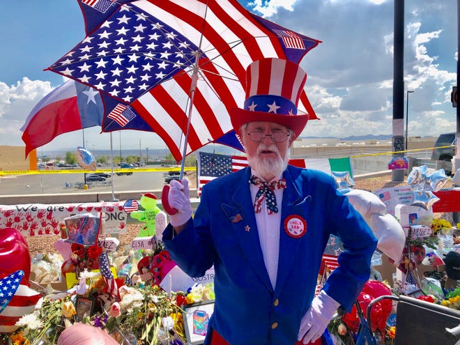 El Paso’s Uncle Sam, Leon Blevins, at a memorial outside of Walmart, says he’s crying and the Statue of Liberty is crying due to president Donald Trump’s policies and words.