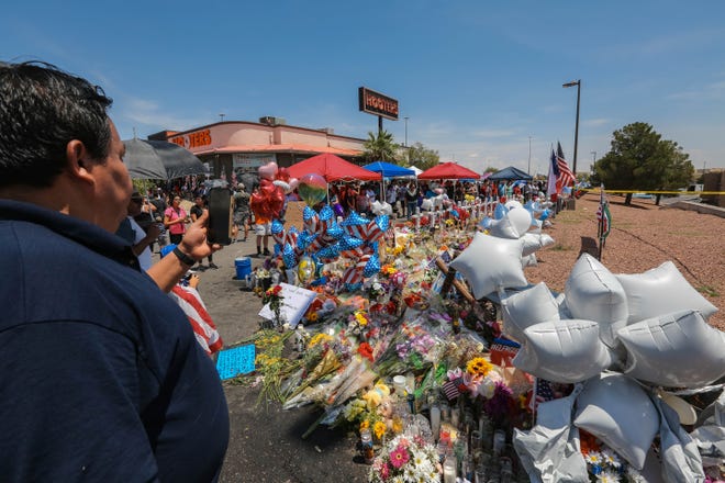 Hundreds gather on Wednesday, Aug. 7, to mourn those who died during a mass shooting that took place in a Walmart in El Paso on Saturday, Aug. 3, 2019.