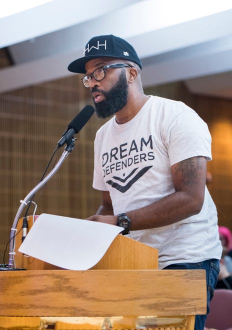Jamil Davis addresses the Pensacola City Council in regard to the Tymar Crawford shooting death during the meeting at City Hall in Pensacola on Thursday, August 8, 2019.
