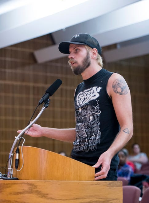 Andrew Baldwin addresses the Pensacola City Council in regard to the Tymar Crawford shooting death during the meeting at City Hall in Pensacola on Thursday, August 8, 2019.