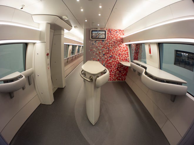 The cafe car, which takes its design cues from Europe's high-speed trains, features tanding room and hip rests. Meanwhile, digital screens throughout the cafe car provide useful information for passengers.