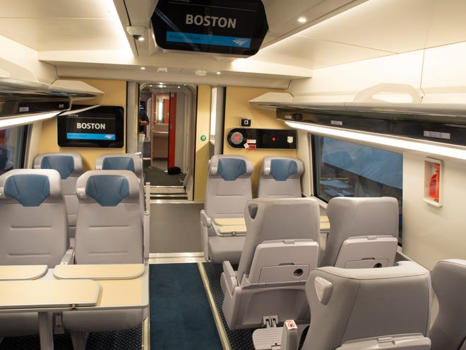 The new Acela interiors will also have bigger windows, streamlined overhead luggage bins.  The seats and winged headrests and seats are made from recycled leather.
