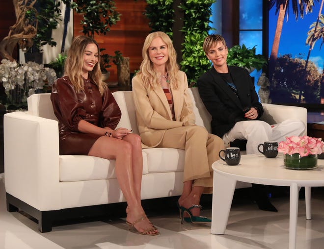 "Bombshell" actresses Margot Robbie, left, Nicole Kidman and Charlize Theron appear on "The Ellen DeGeneres Show" on Oct. 15, 2019.