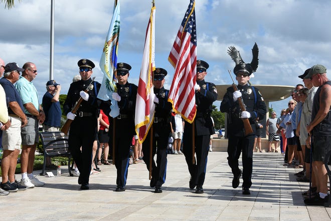 An MIPD color guard presents the Colors. Marco Island commemorated Veterans' Day on Monday, with a ceremony at 11 a.m. in Veterans' Community Park.