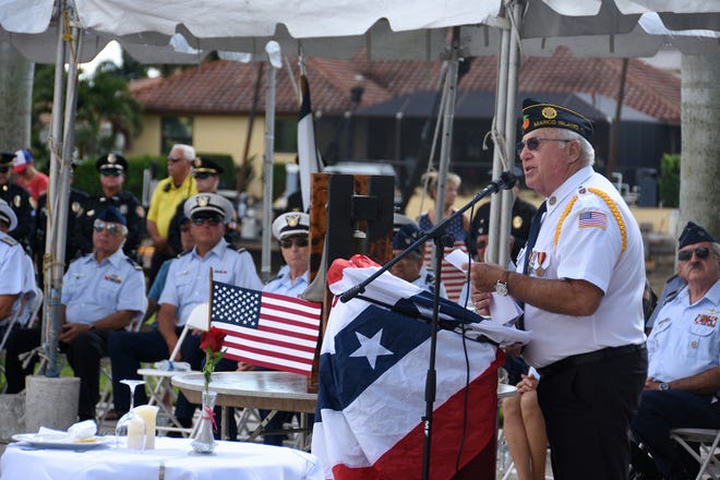 Master of ceremonies Lee Rubenstein, Commander of American Legion Post #404, gives closing comments. Marco Island commemorated Veterans' Day on Monday, with a ceremony at 11 a.m. in Veterans' Community Park.
