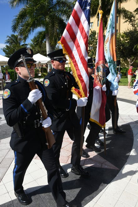 An MIPD color guard presents the Colors. Marco Island commemorated Veterans' Day on Monday, with a ceremony at 11 a.m. in Veterans' Community Park.