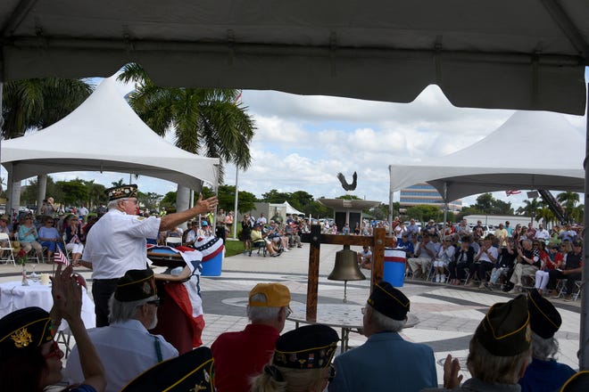 Master of ceremonies Lee Rubenstein, Commander of American Legion Post #404, recognizes first responders. Marco Island commemorated Veterans' Day on Monday, with a ceremony at 11 a.m. in Veterans' Community Park.