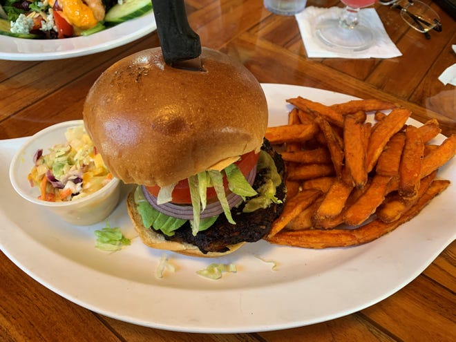 The veggie and black bean burger with cole slaw and sweet potato fries  from Mango's Dockside Bistro, Marco Island.