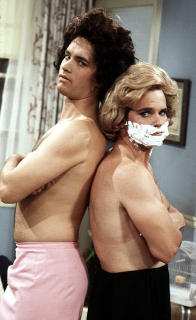 Tom Hanks made his improbable rise to stardom as Kip/Buffy Wilson in the 1980 to 1982 TV comedy "Bosom Buddies" with Peter Scolari (right).