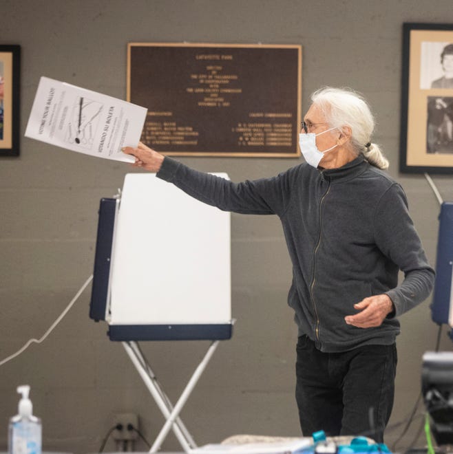 Jim Roche points to where a voter needs to submit his ballot during the Florida primary election, Tuesday, March 17, 2020. Roche, a noted Tallahassee artist, believes it is important to vote but to also do what he can to prevent the spread of the coronavirus.