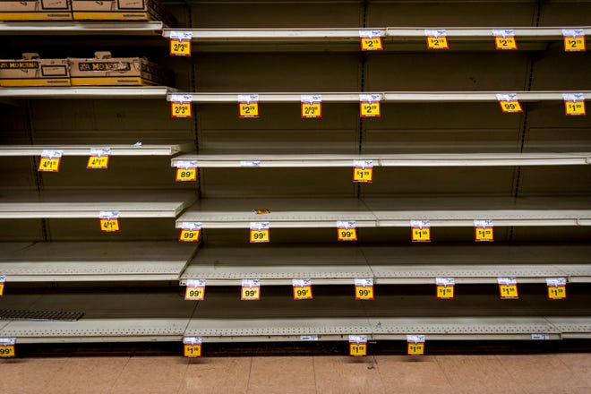 The pasta aisle at Los Altos Ranch Market in Phoenix sits nearly empty during the coronavirus pandemic on March 27, 2020.